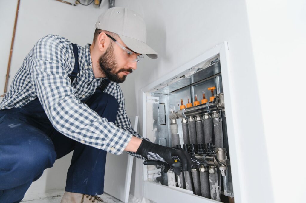 Technician inspecting components of a two-stage furnace, focusing on maintenance and efficiency in a residential setting.
