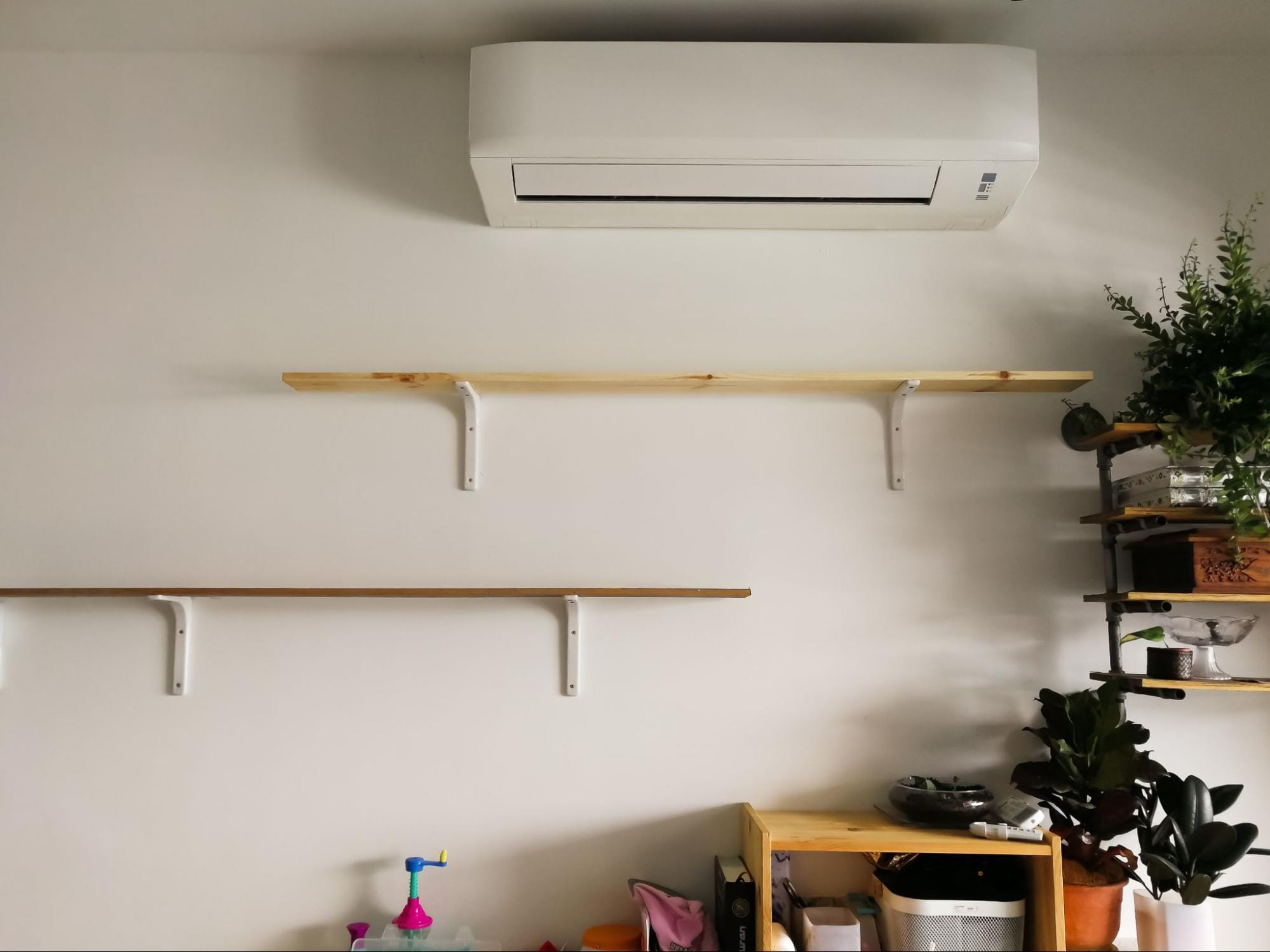 Ductless mini split installed near houseplants, requiring routine evaporator coil and filter cleaning to maintain airflow and indoor air quality